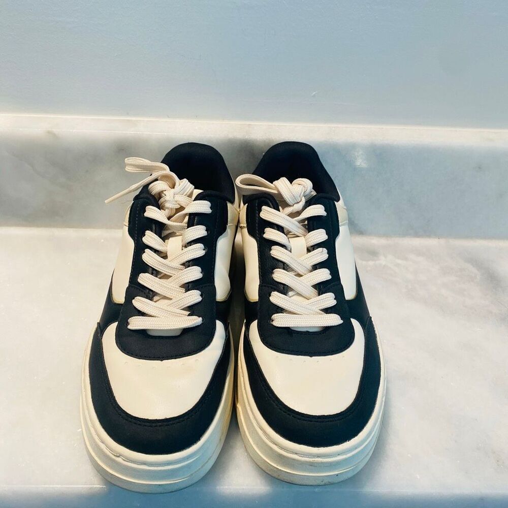 Zara Leather Retro Lace Up Platform Trainers Sneakers Shoes Black White Size 6.5